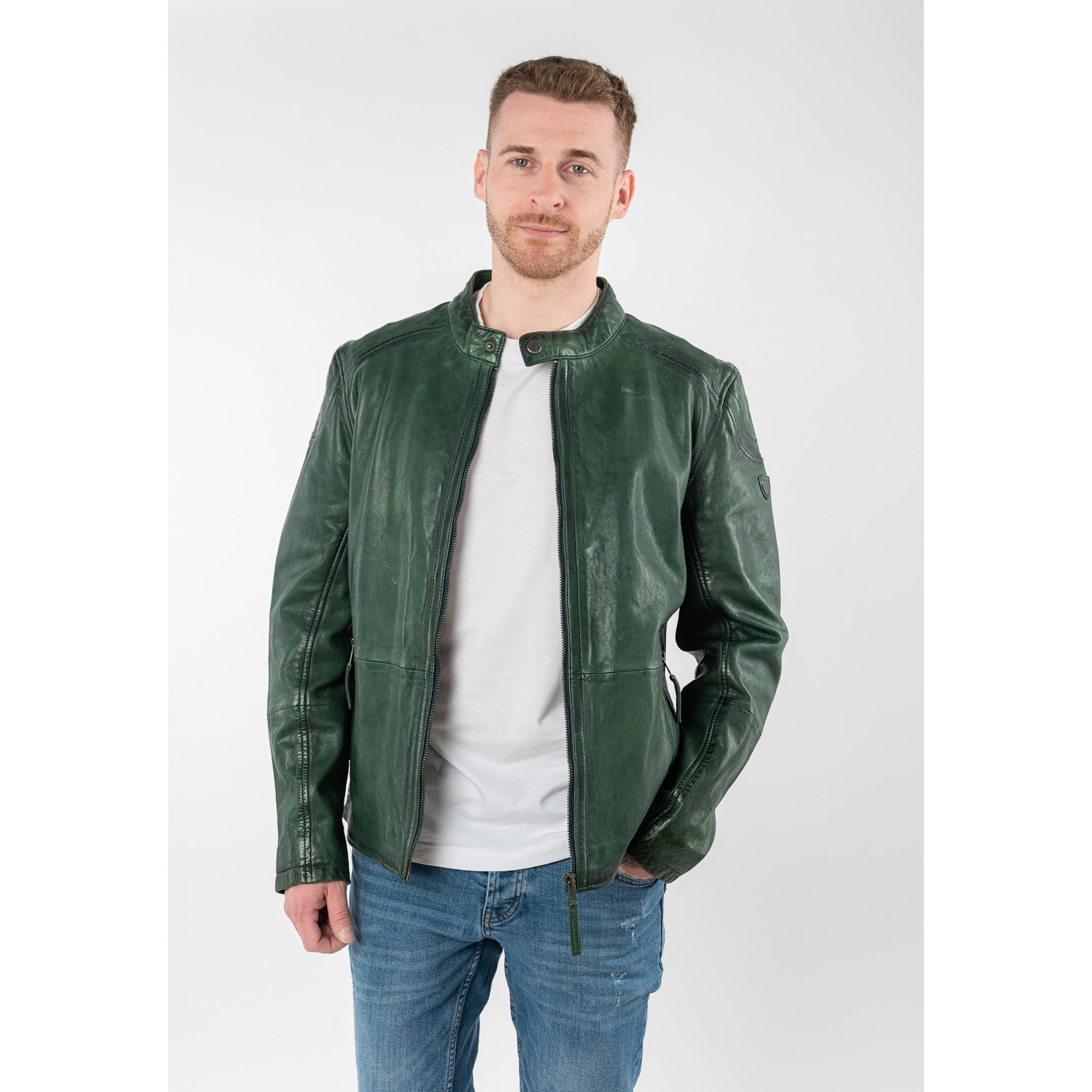 geacă biker bărbați Mauritius MMBaydo verde din piele naturală cu guler stand-up și fermoar