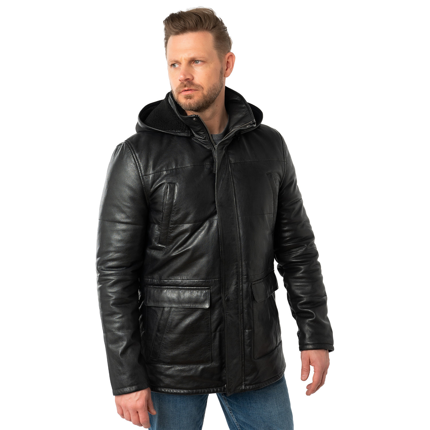 Geaca Lunga de Iarna din Piele Barbati Mauritius Antracit Inchis MMBelous – Black Friday