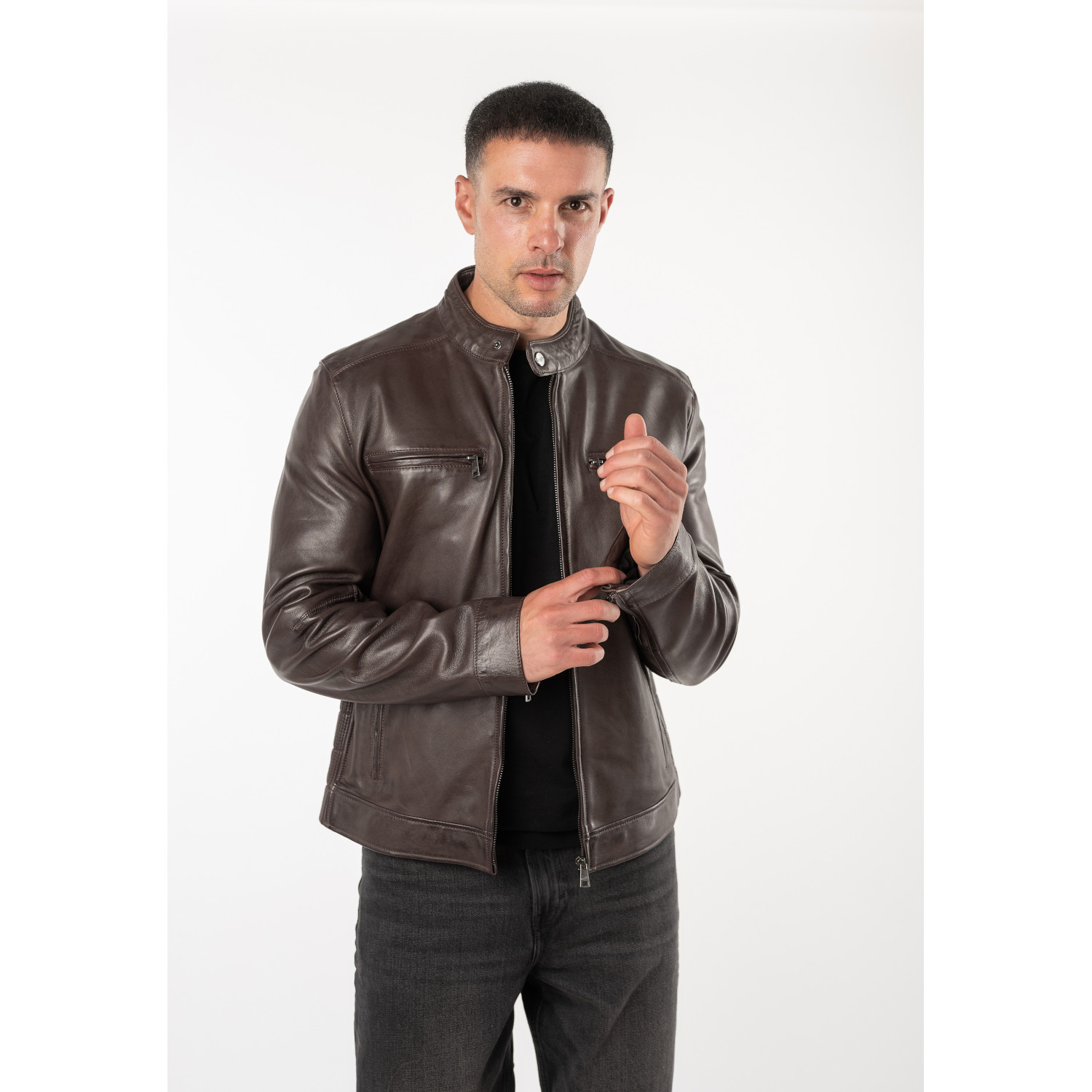 Geacă de Piele Bărbați Mauritius MMBlaco Maro Închis Regular Fit Stil Biker