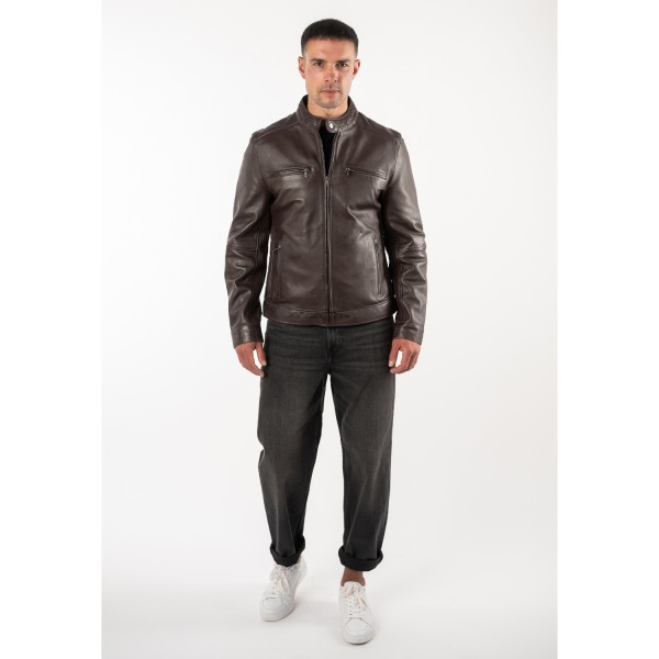 Geacă de Piele Bărbați Mauritius MMBlaco Maro Închis Regular Fit Stil Biker — fotografia 5