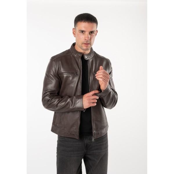 Geacă de Piele Bărbați Mauritius MMBlaco Maro Închis Regular Fit Stil Biker — fotografia 6
