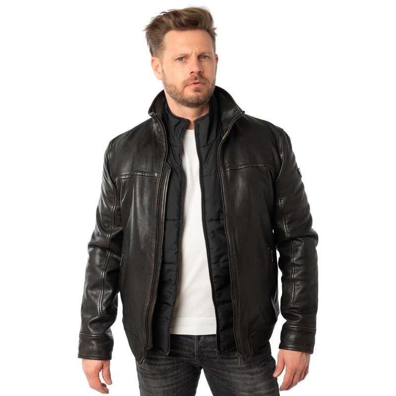 Geaca de Iarna din Piele 2 in 1 Barbati Mauritius Negru Vintage MMBromu – Geci de Piele