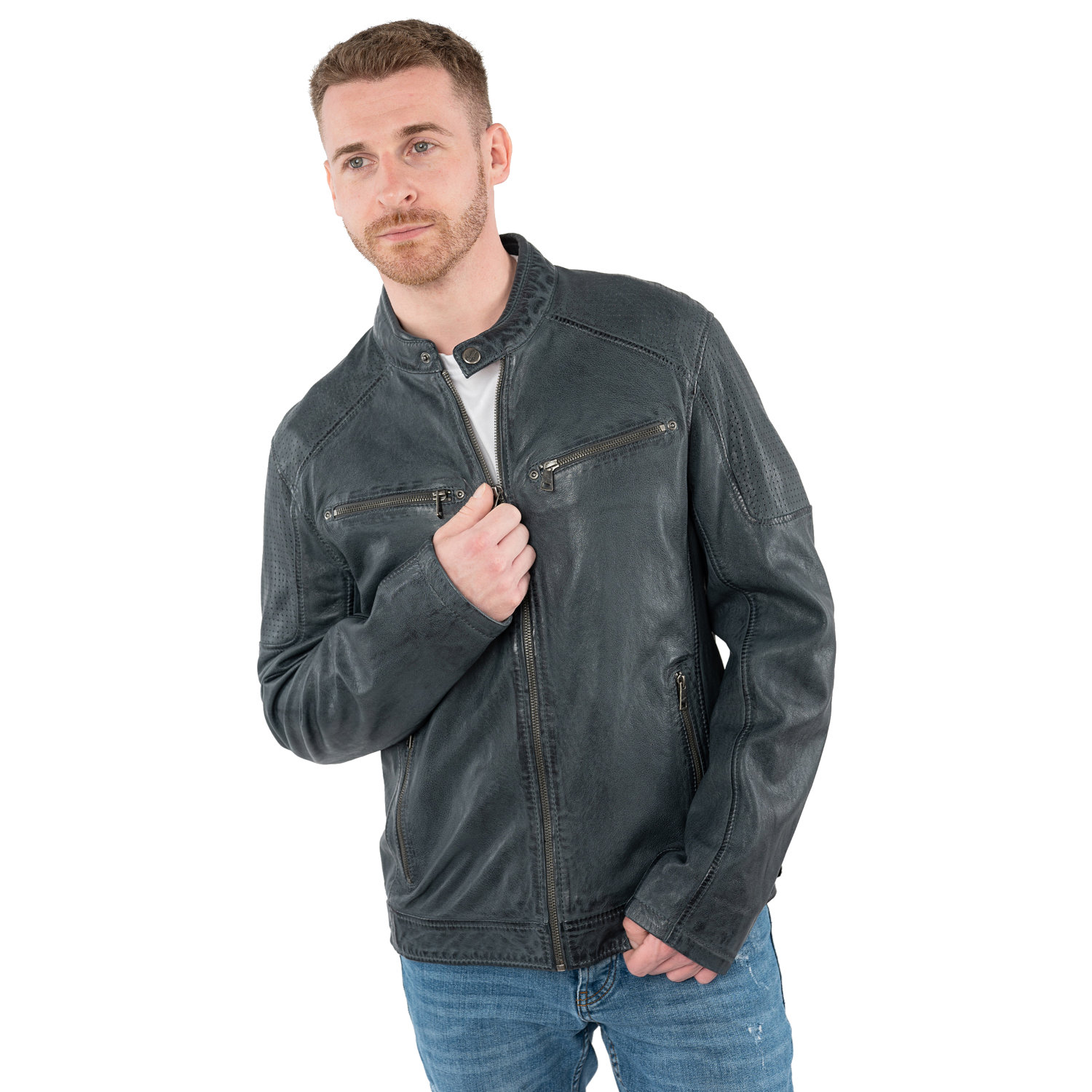 geacă de piele bărbați Mauritius MMBroum albastru închis stil biker