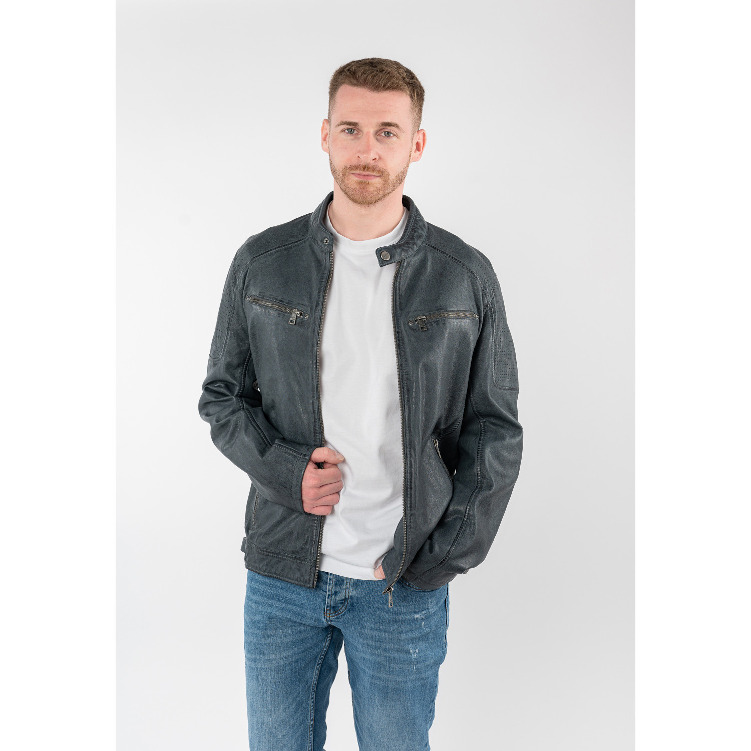 geacă de piele bărbați Mauritius MMBroum albastru închis stil biker