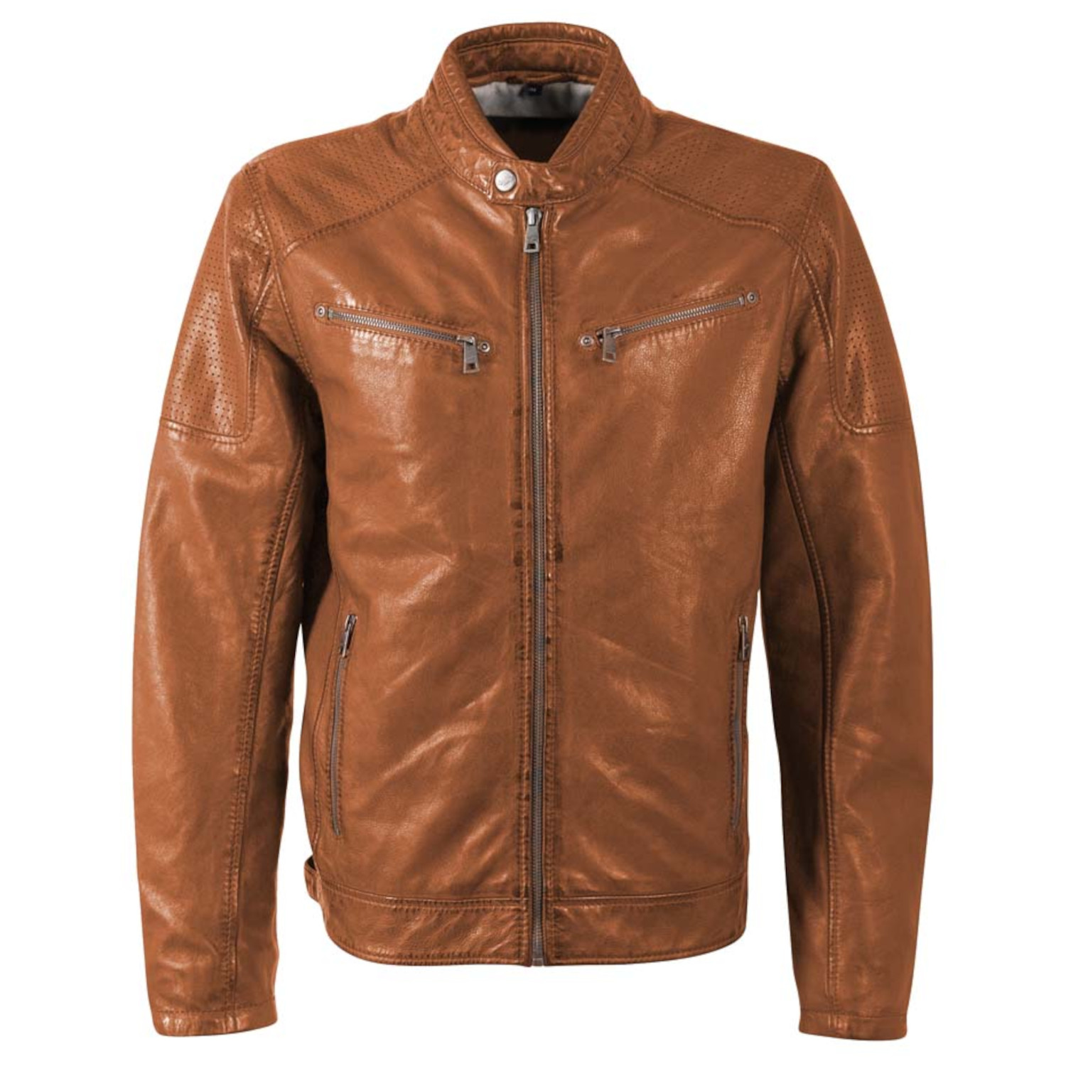 geacă de piele bărbați Mauritius MMBroum coniac stil biker cu detalii perforate