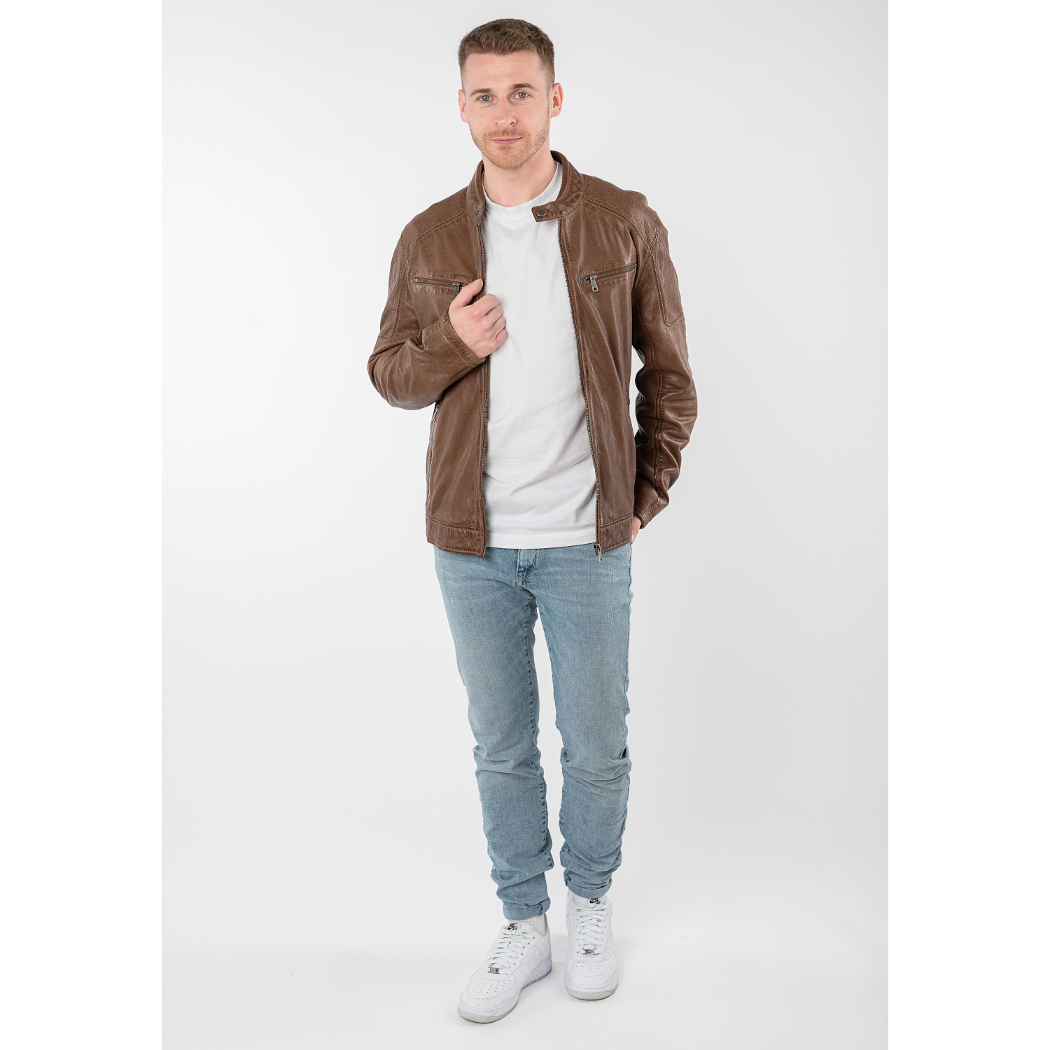 geacă de piele bărbați Mauritius MMBroum coniac stil biker cu detalii perforate