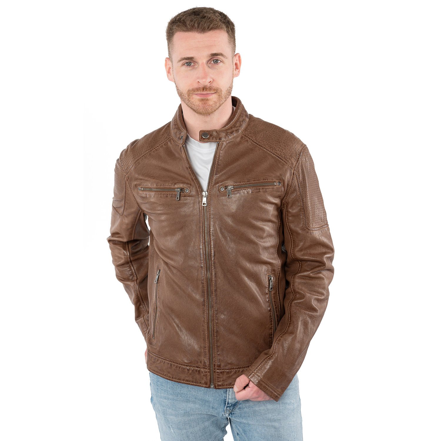 geacă de piele bărbați Mauritius MMBroum coniac stil biker cu detalii perforate