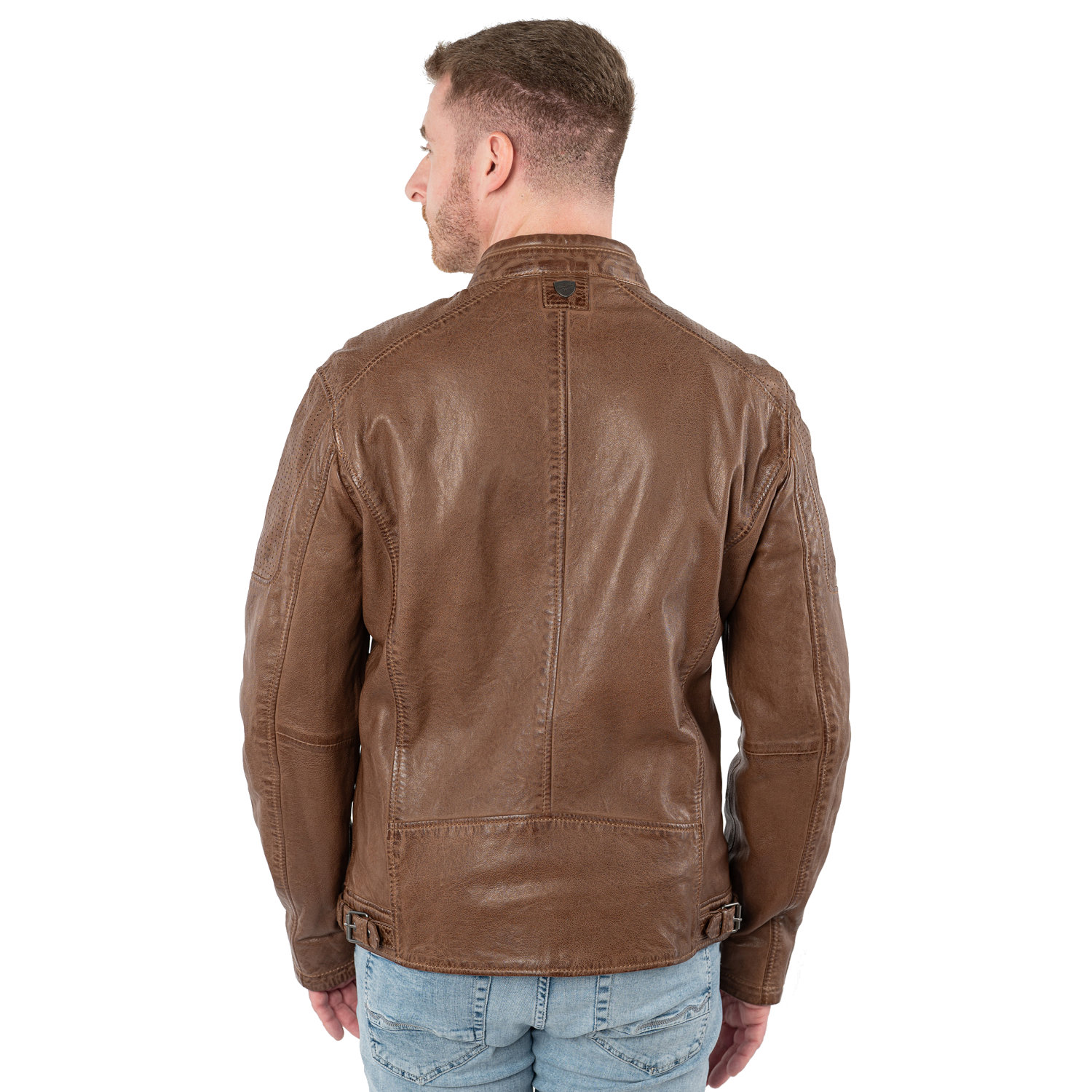 geacă de piele bărbați Mauritius MMBroum coniac stil biker cu detalii perforate