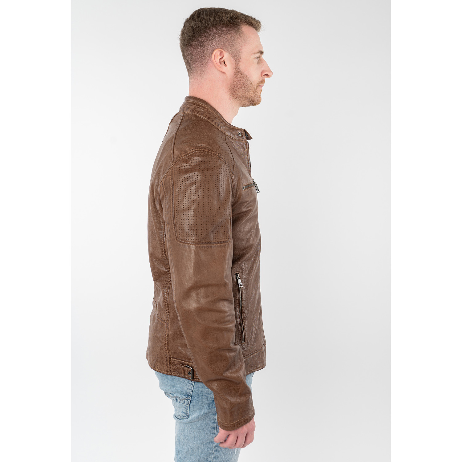 geacă de piele bărbați Mauritius MMBroum coniac stil biker cu detalii perforate