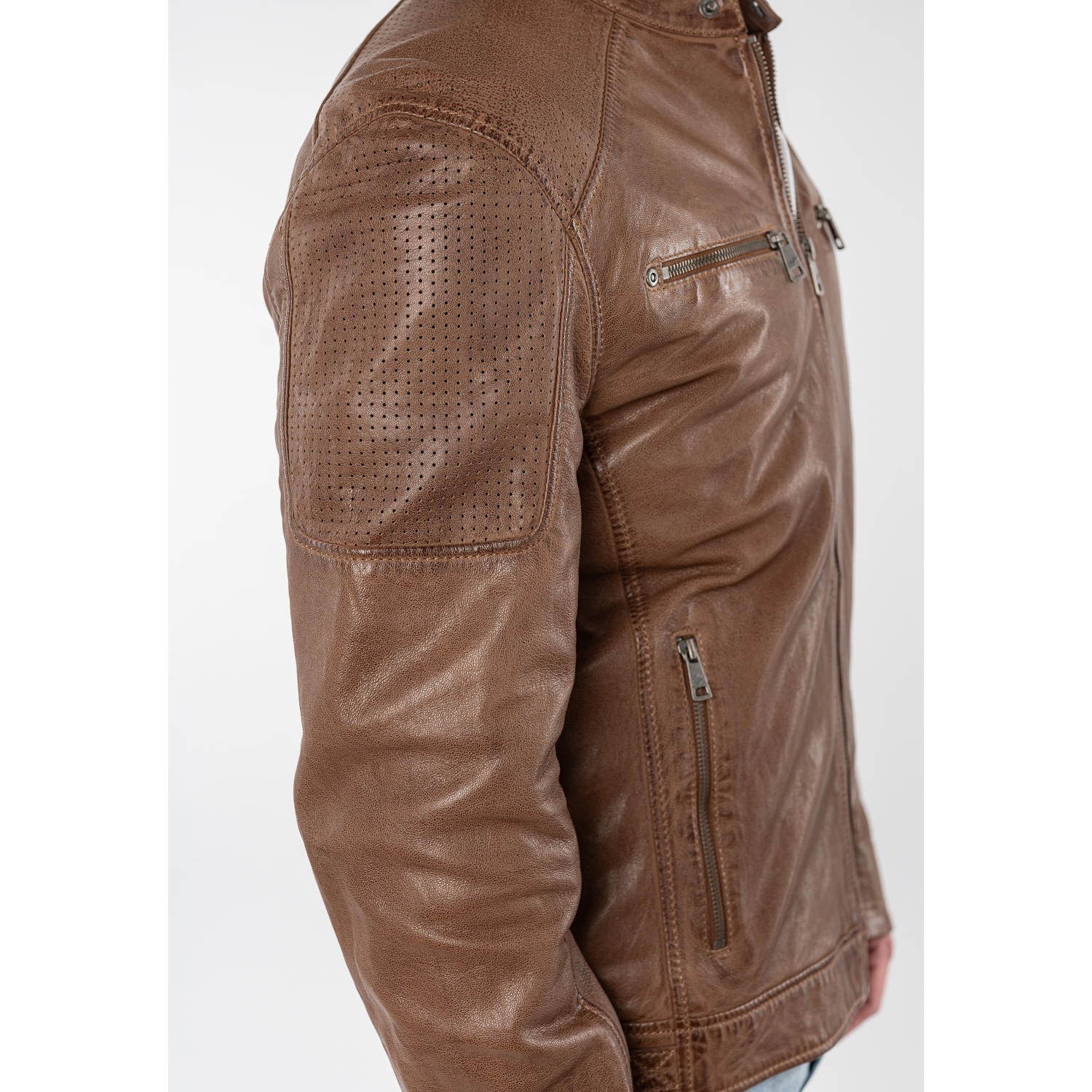 geacă de piele bărbați Mauritius MMBroum coniac stil biker cu detalii perforate