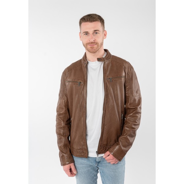geacă de piele bărbați Mauritius MMBroum coniac stil biker cu detalii perforate — fotografia 6
