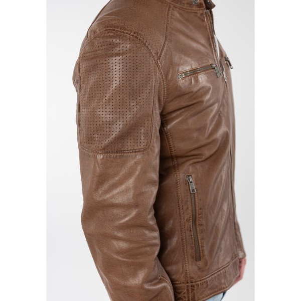 geacă de piele bărbați Mauritius MMBroum coniac stil biker cu detalii perforate — fotografia 8
