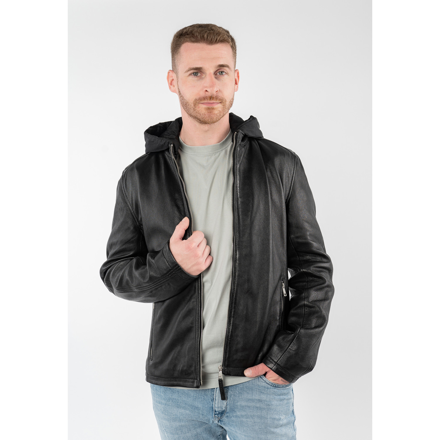 Geacă de piele pentru bărbați Mauritius MMChade neagră cu influențe biker