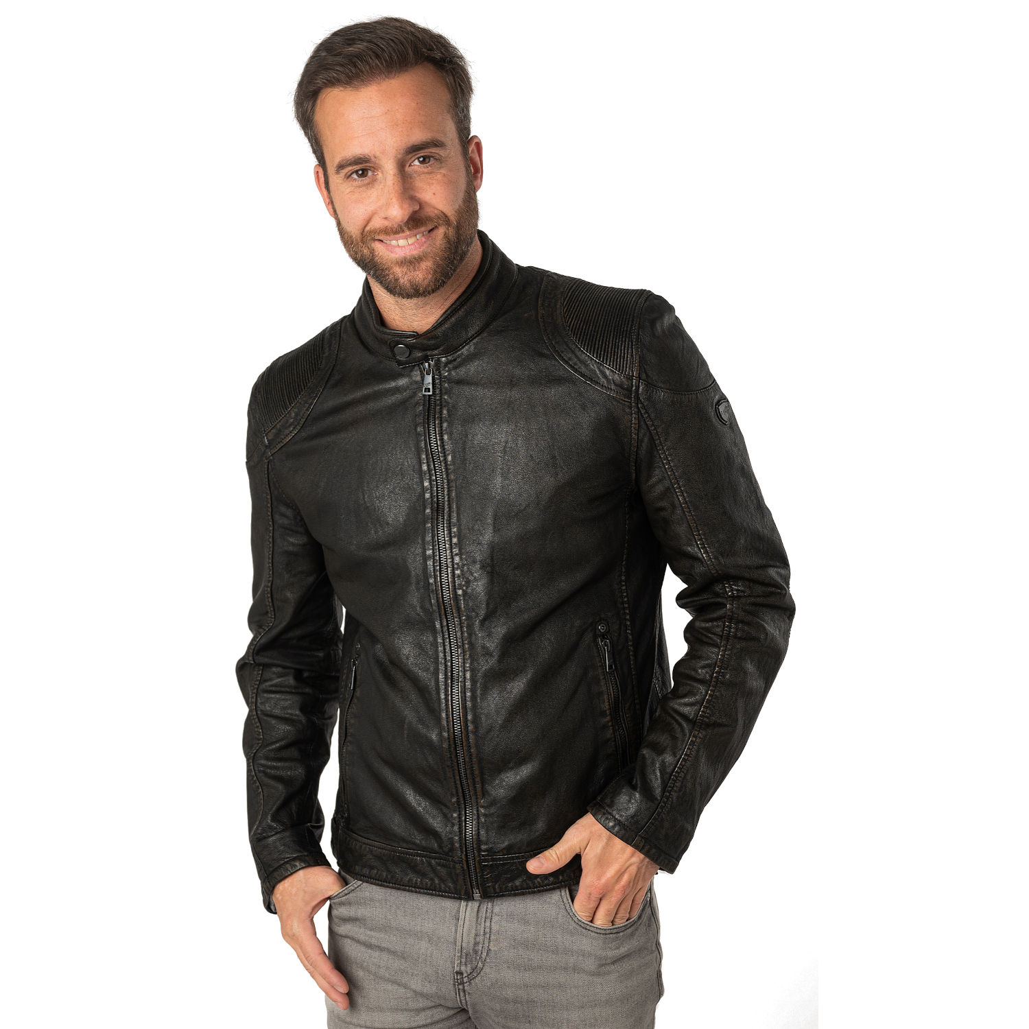 Geacă de piele bărbați Mauritius MMChesney negru bej Geacă de piele naturală bărbați Mauritius MMChesney biker negru bej