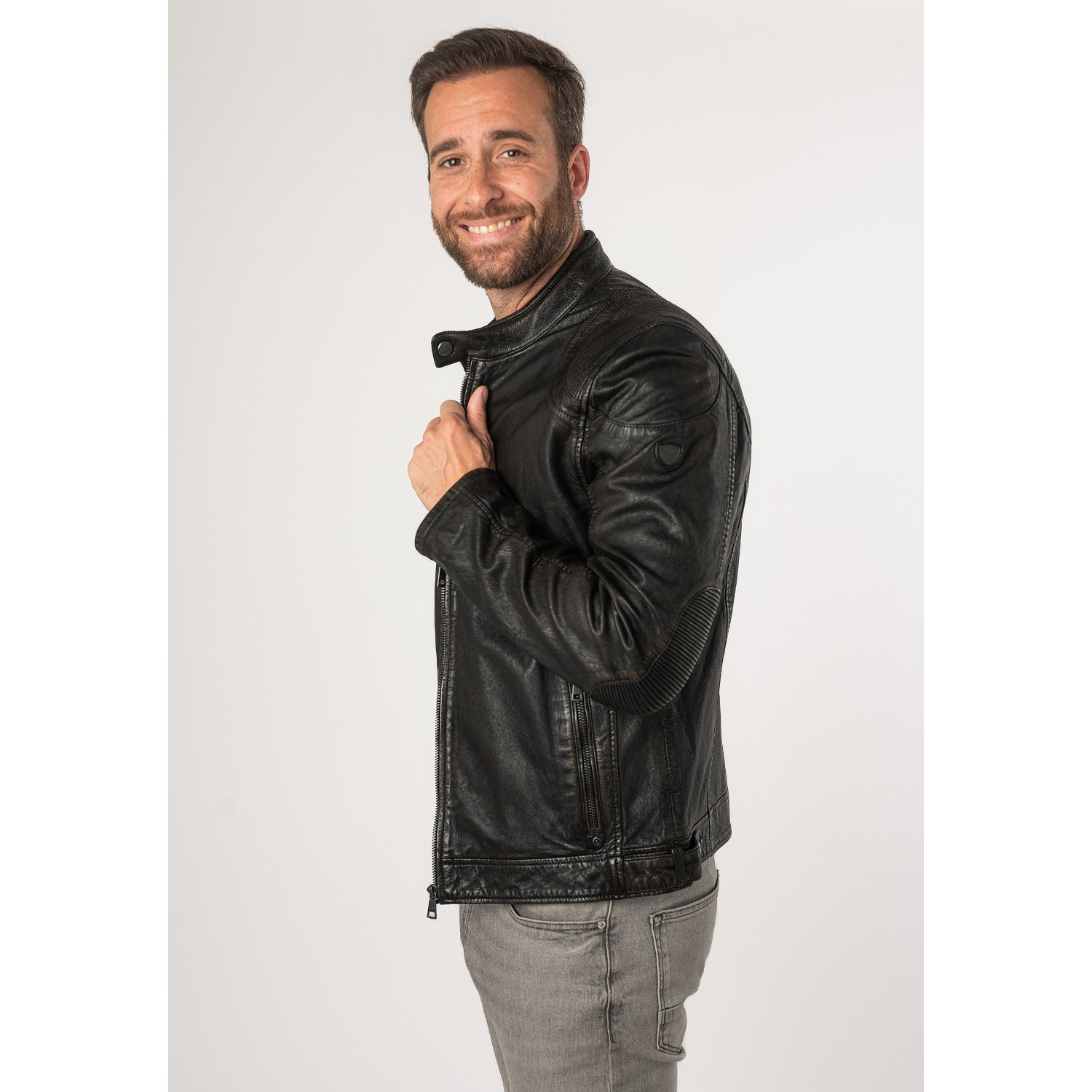 Geacă de piele naturală bărbați Mauritius MMChesney biker negru bej