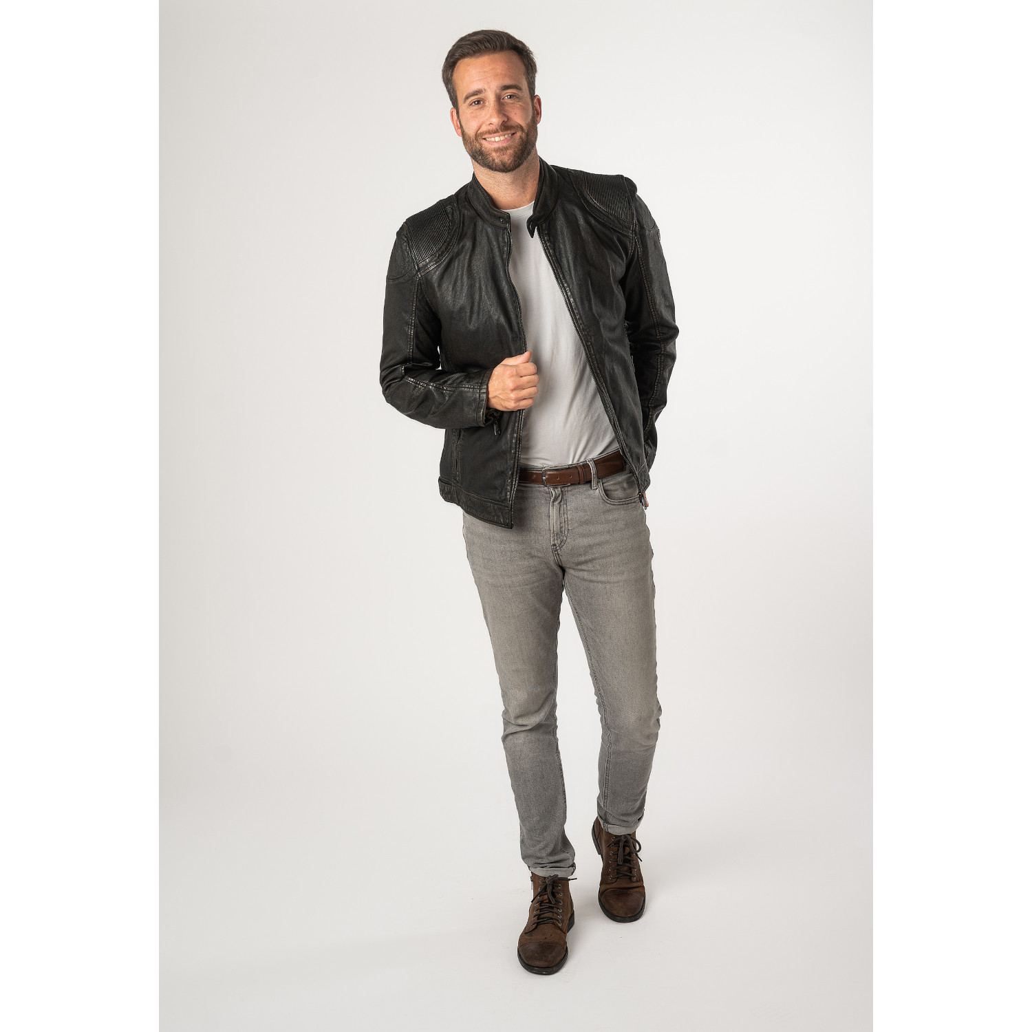 Geacă de piele bărbați Mauritius MMChesney negru bej Geacă de piele naturală bărbați Mauritius MMChesney biker negru bej