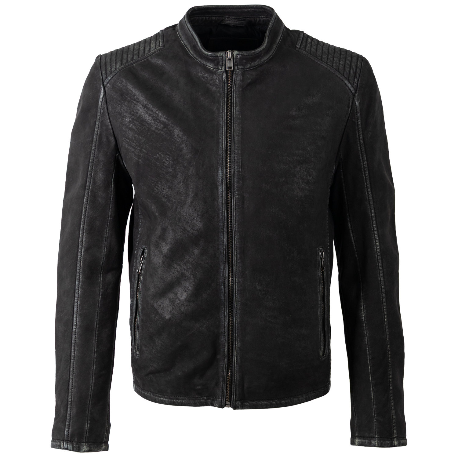 Geacă de piele biker bărbați Mauritius MMCiran neagră slim fit cu umeri matlasați