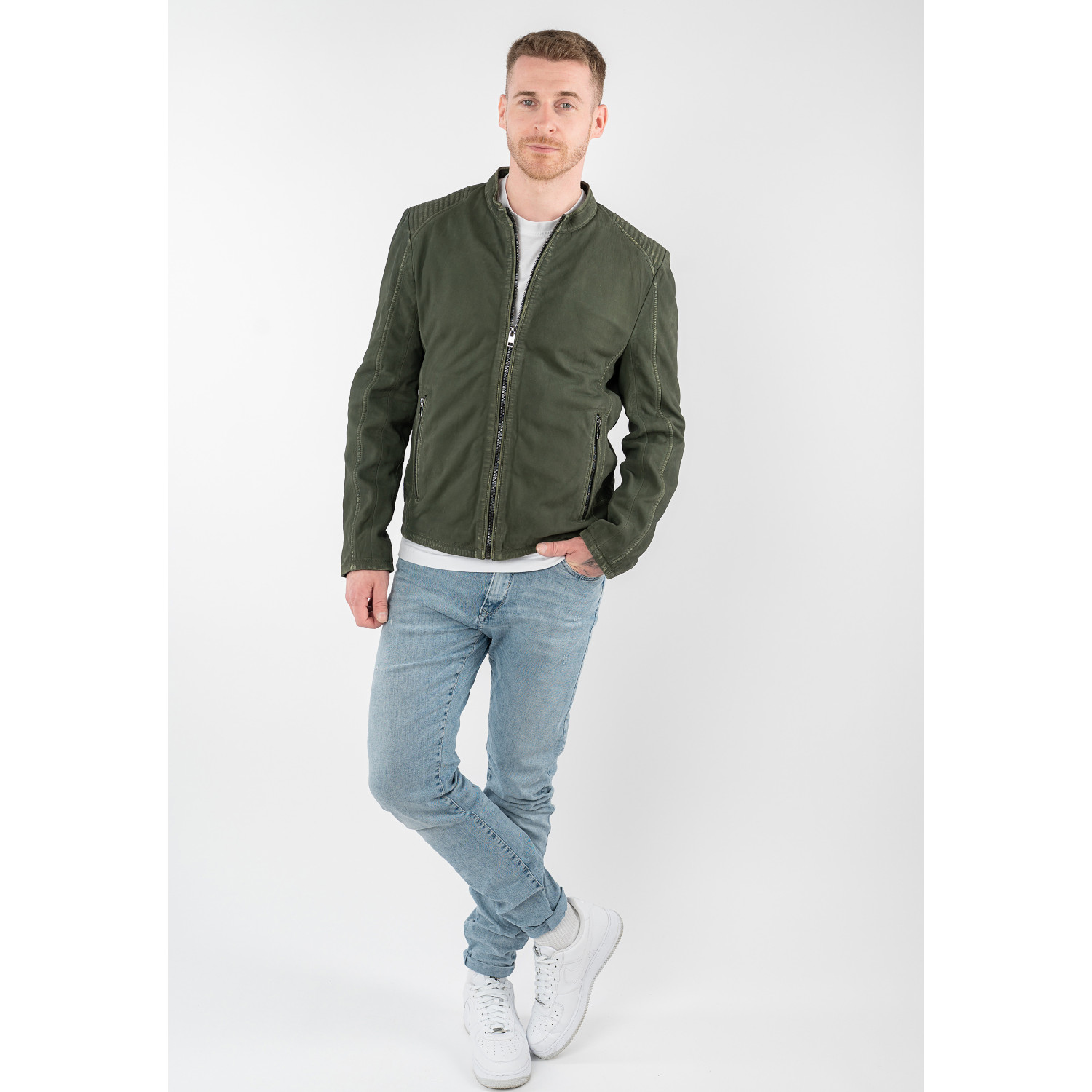 Geacă de piele biker bărbați Mauritius MMCiran olive cu umeri matlasați