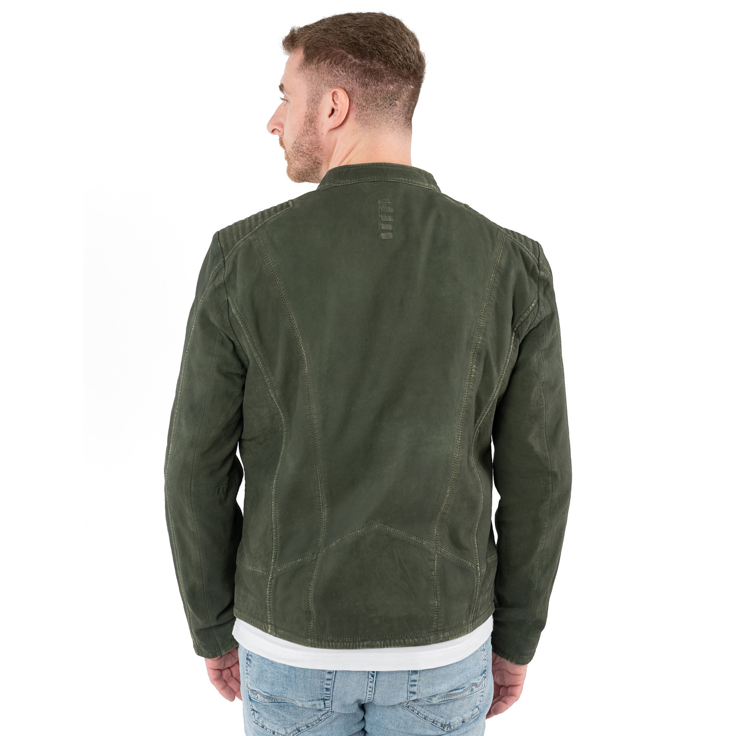 Geacă de piele biker bărbați Mauritius MMCiran olive cu umeri matlasați