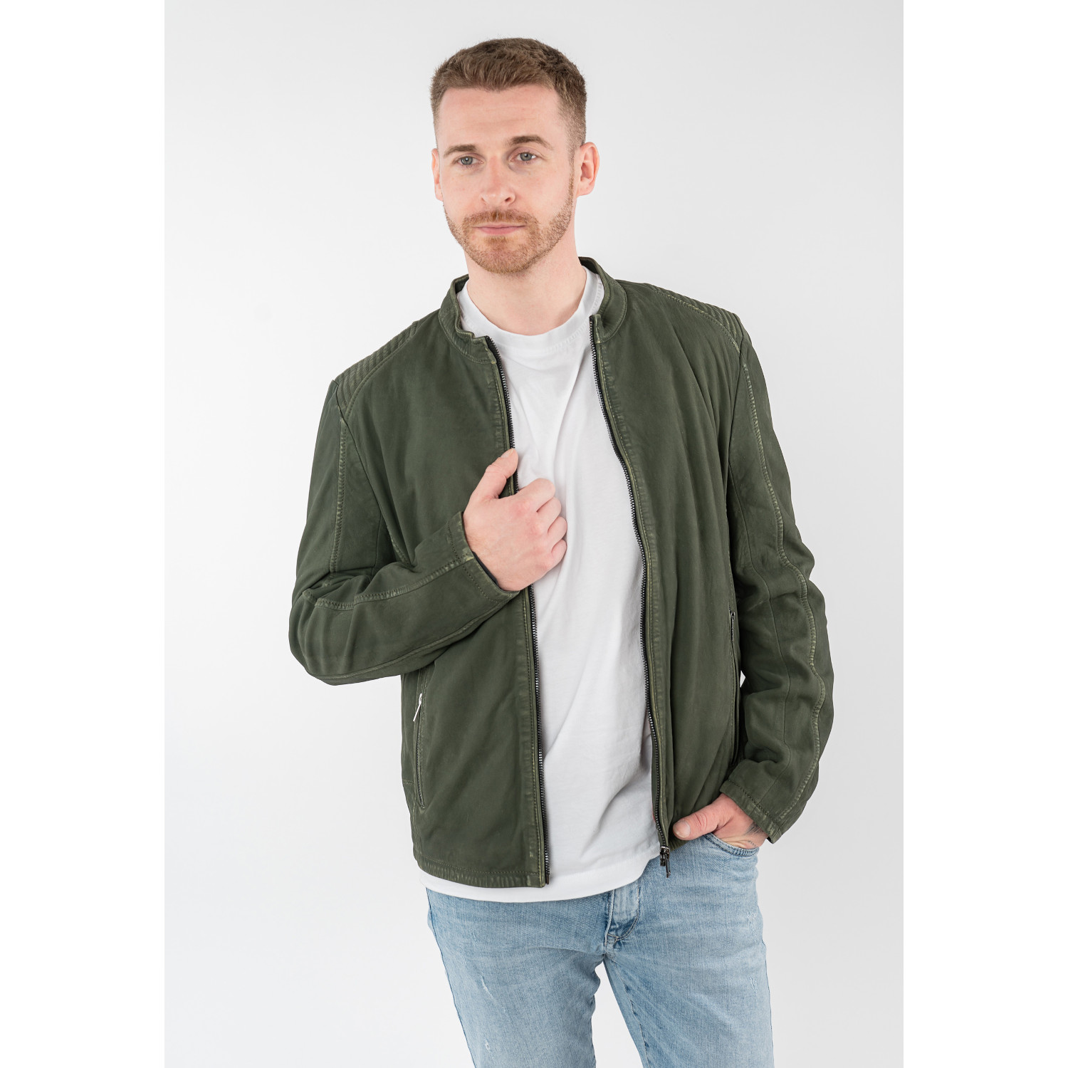 Geacă de piele biker bărbați Mauritius MMCiran olive cu umeri matlasați