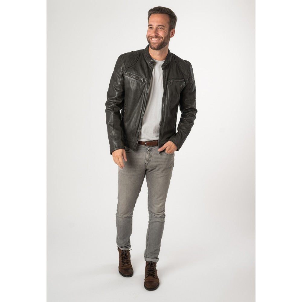 Geaca de Piele Barbati Mauritius Gri Inchis MMCollins - readytowear