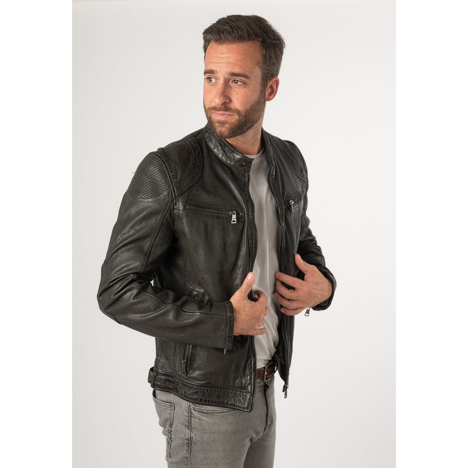 Geaca de Piele Barbati Mauritius Gri Inchis MMCollins – Black Friday