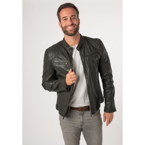 Geacă pentru bărbați Mauritius MMCollins, gri închis – biker cu fermoar și guler stand-up cu capsă — fotografia 7