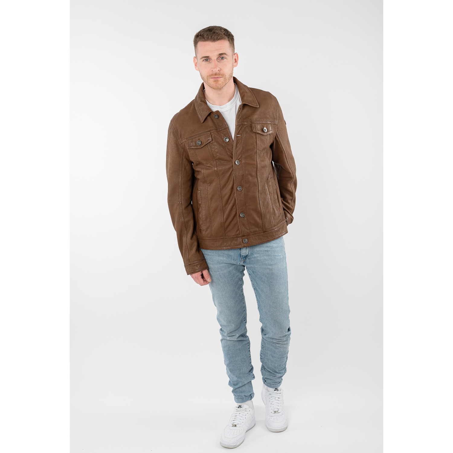 geaca de piele barbati Mauritius MMEddo camel inchis stil trucker