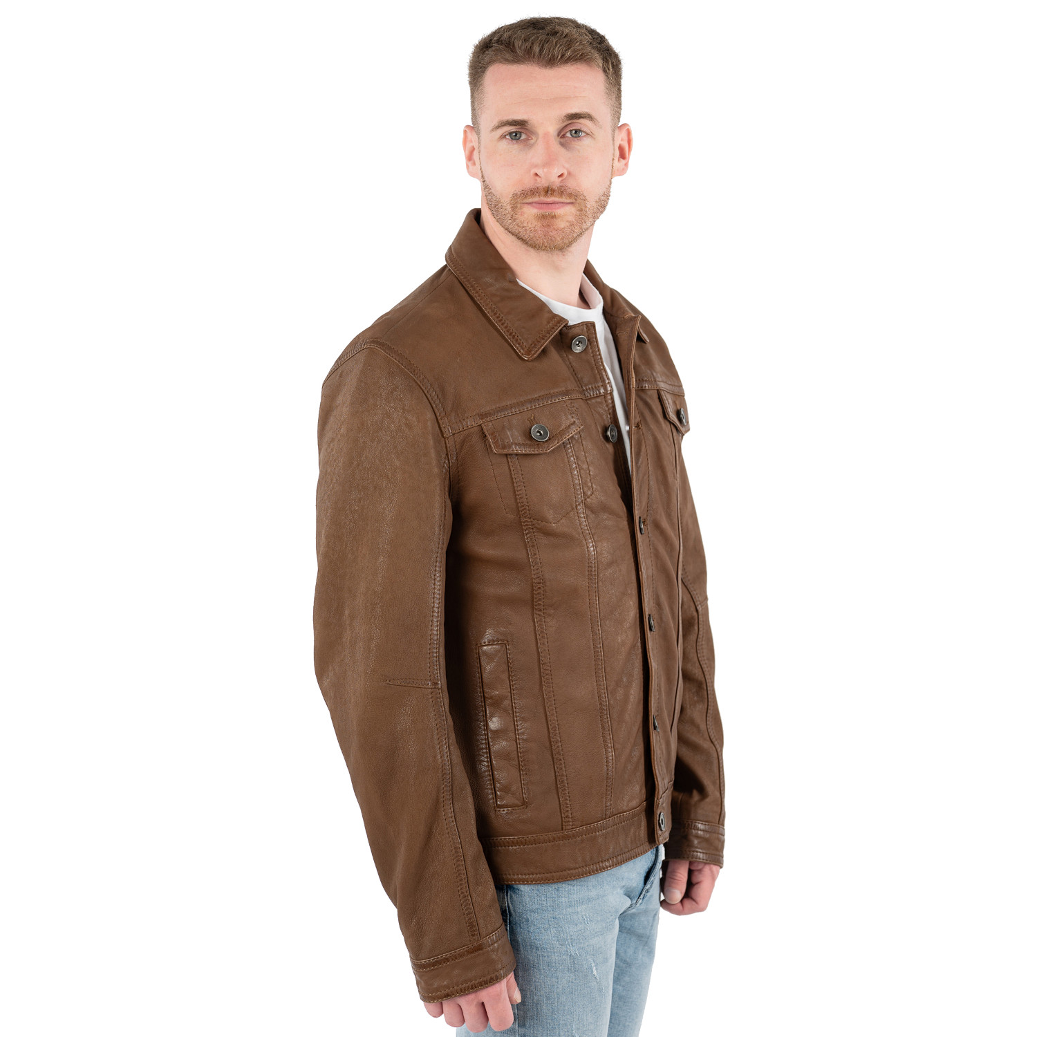 geaca de piele barbati Mauritius MMEddo camel inchis stil trucker