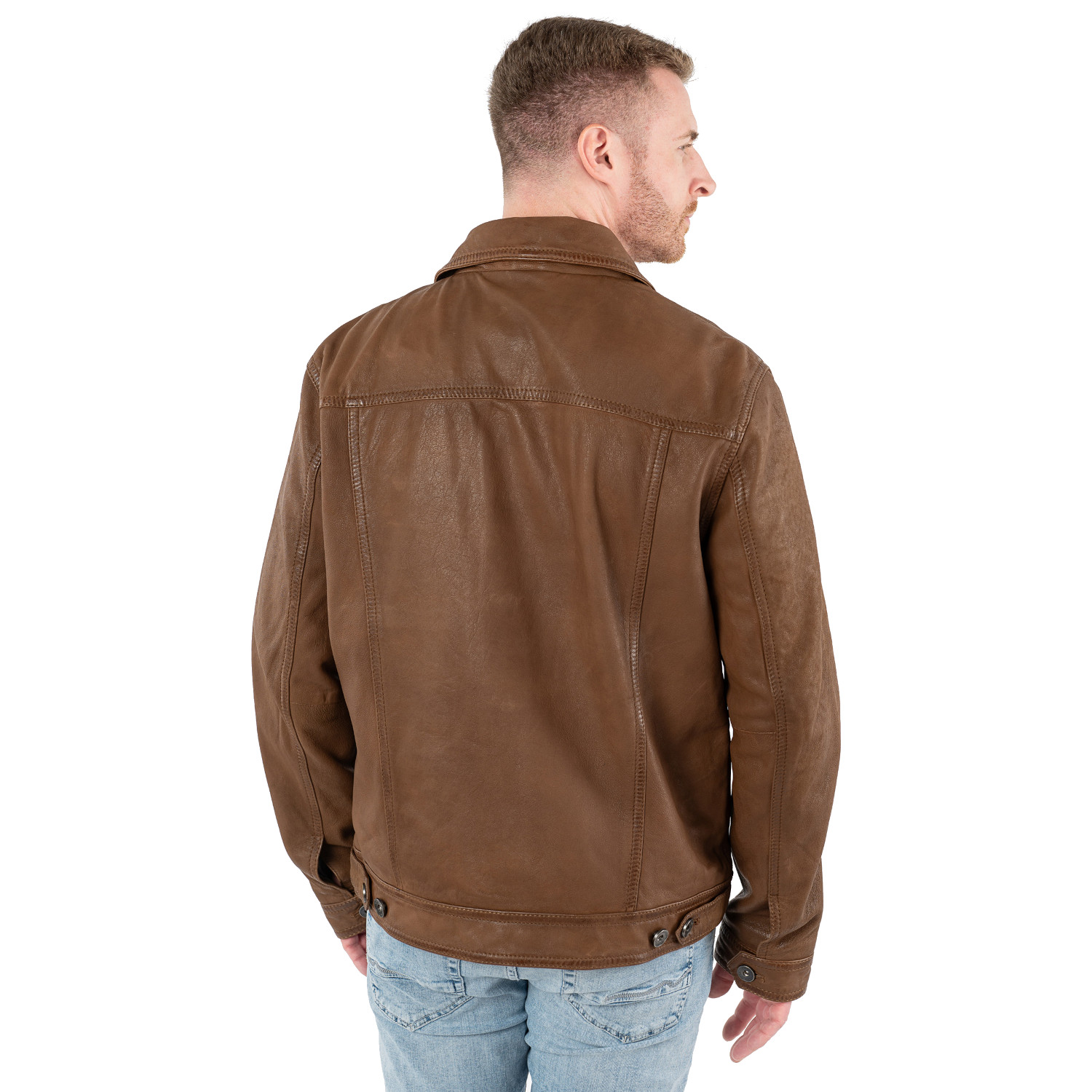 geaca de piele barbati Mauritius MMEddo camel inchis stil trucker