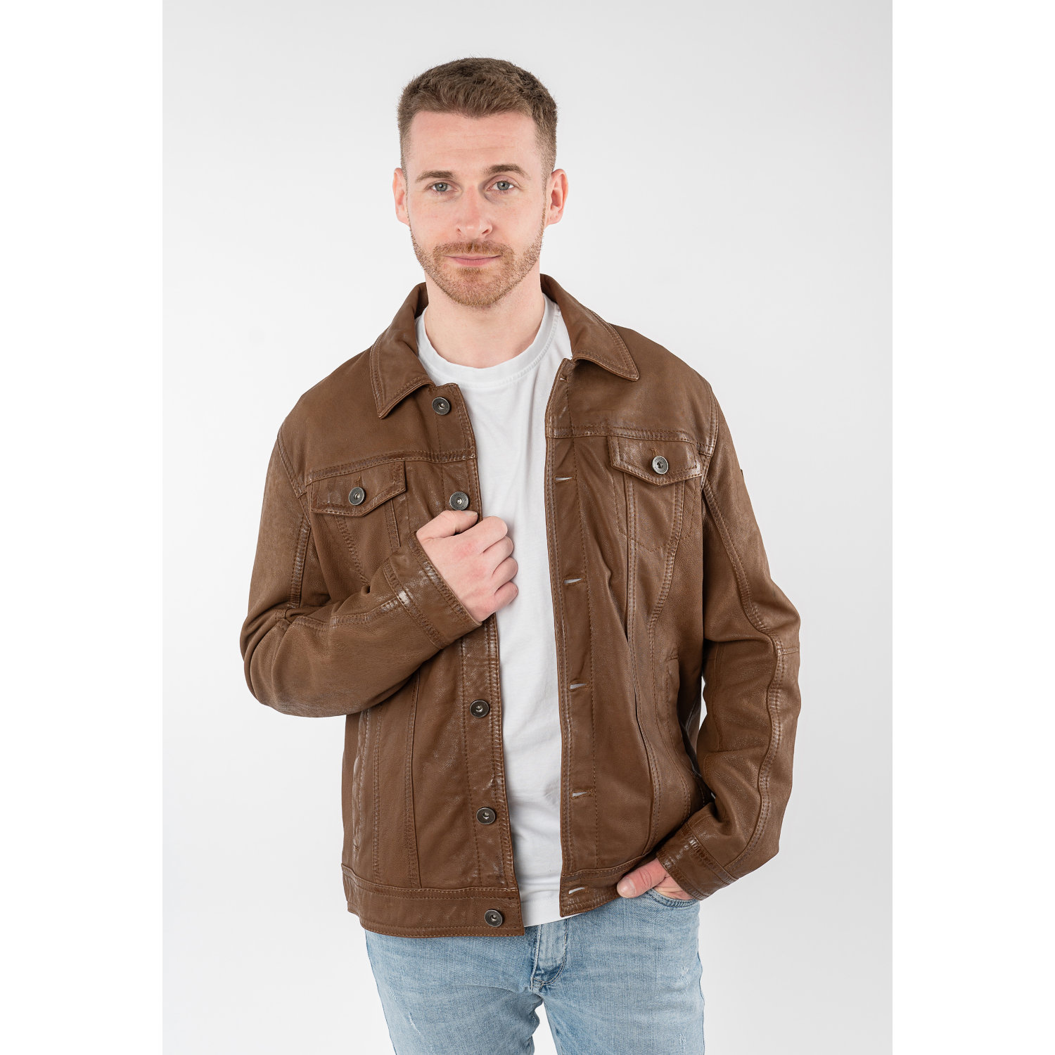 geaca de piele barbati Mauritius MMEddo camel inchis stil trucker