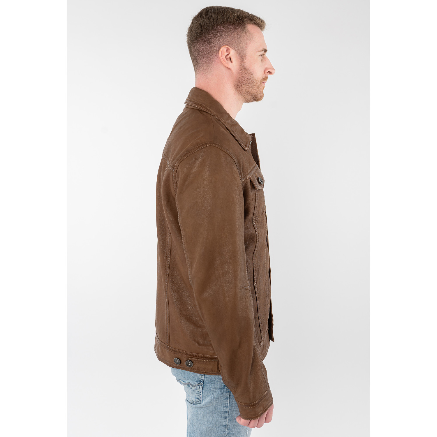 geaca de piele barbati Mauritius MMEddo camel inchis stil trucker