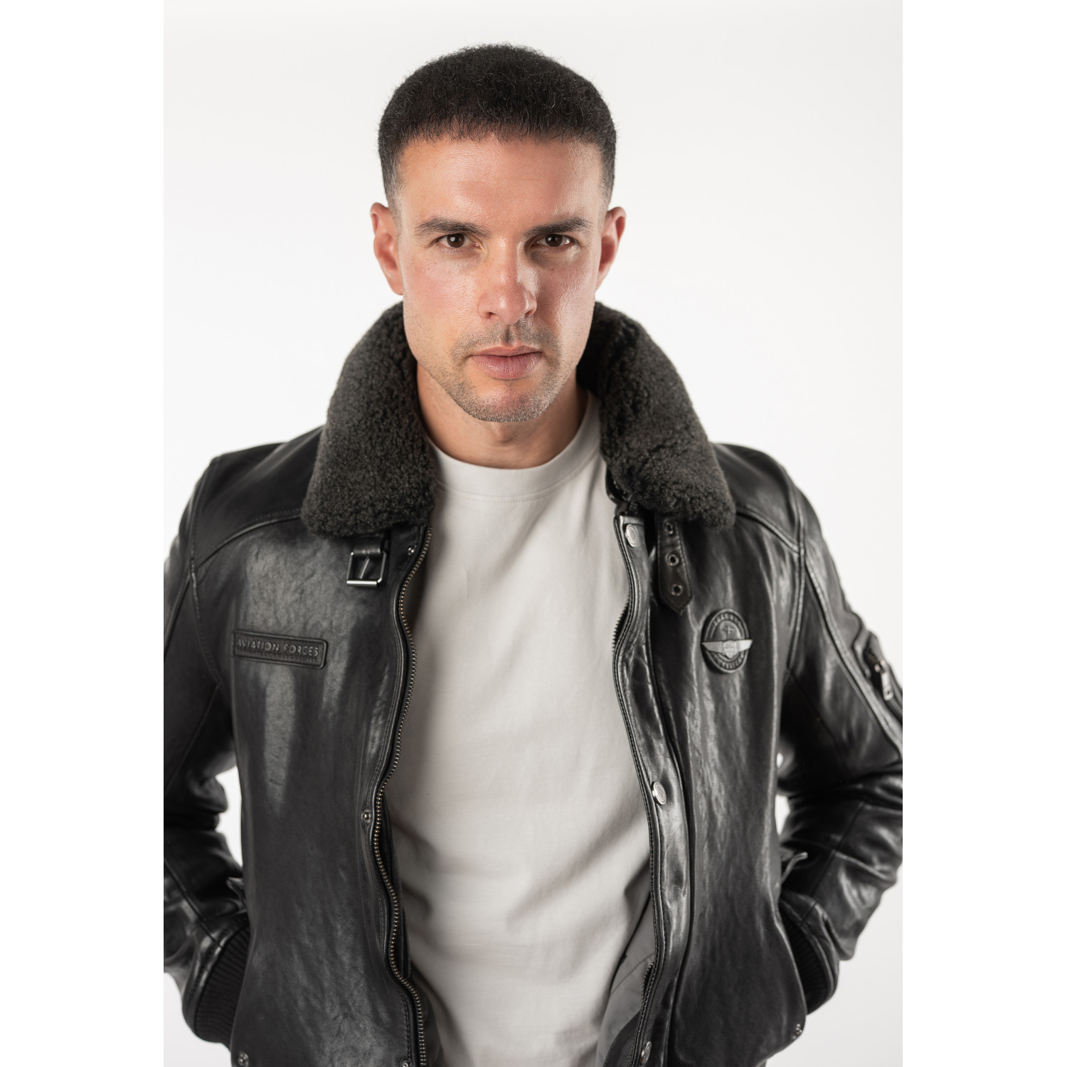 Geacă de iarnă din piele pentru bărbați Mauritius MMFiort neagră în stil aviator