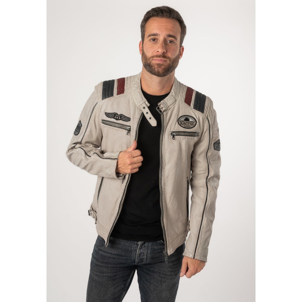 Geaca de Piele Barbati Mauritius Alb Murdar MMFurious - readytowear