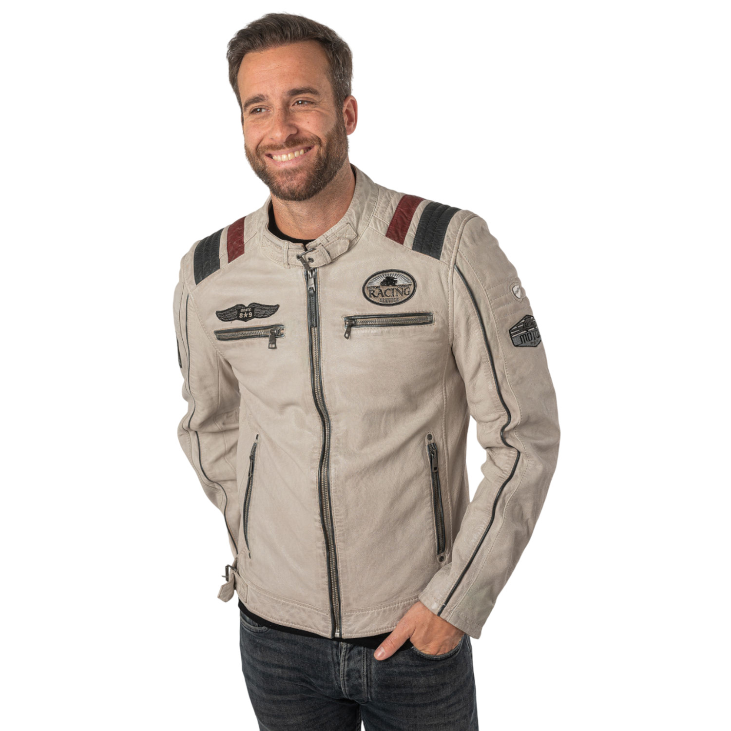 Geaca de Piele Barbati Mauritius Alb Murdar MMFurious – Black Friday