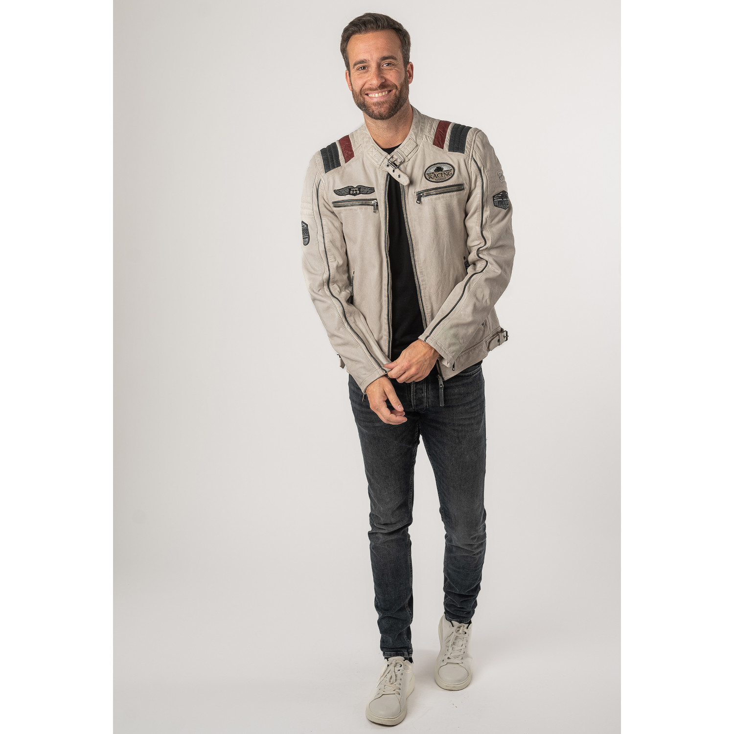 Geaca de Piele Barbati Mauritius Alb Murdar MMFurious – Black Friday