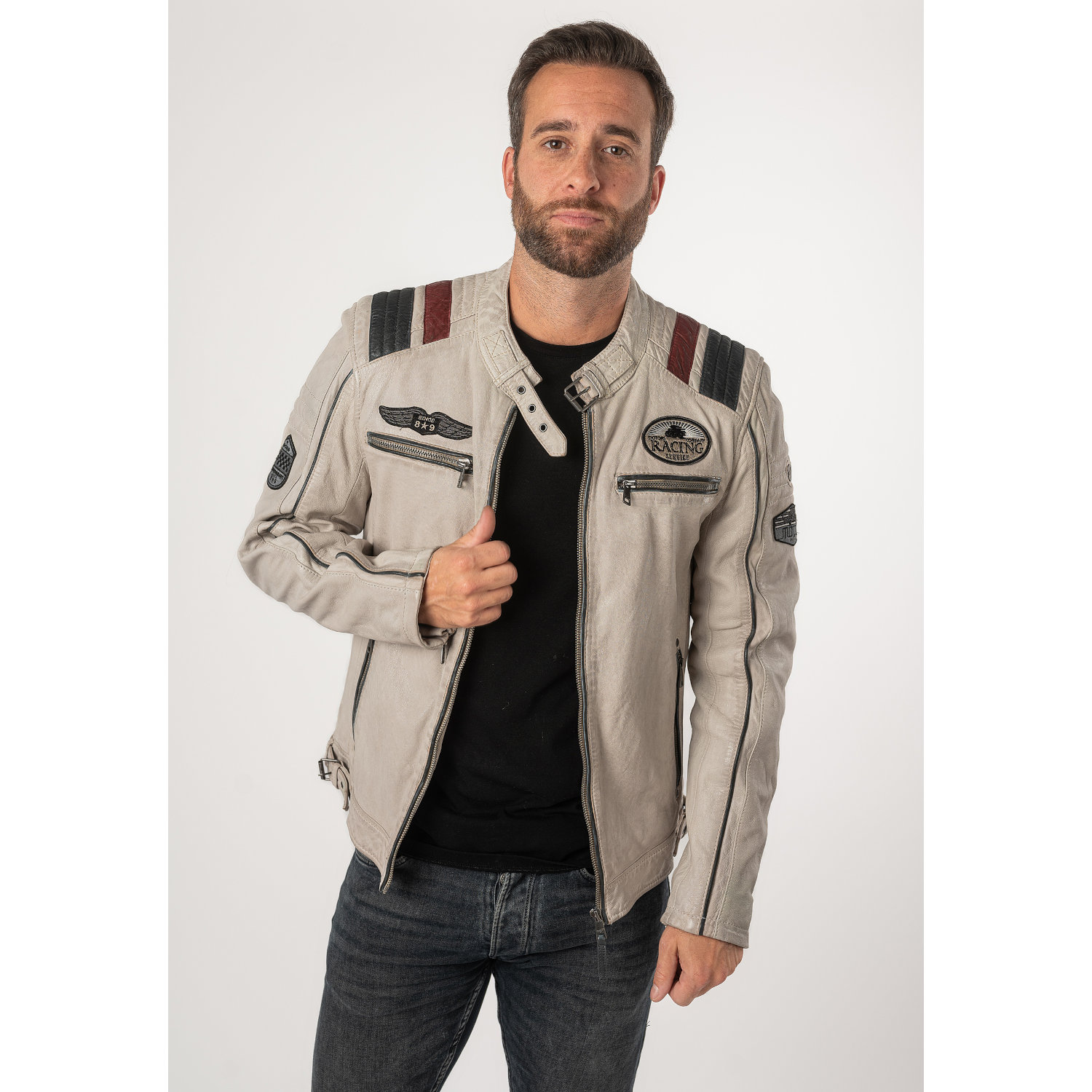 Geaca de Piele Barbati Mauritius Alb Murdar MMFurious – Black Friday