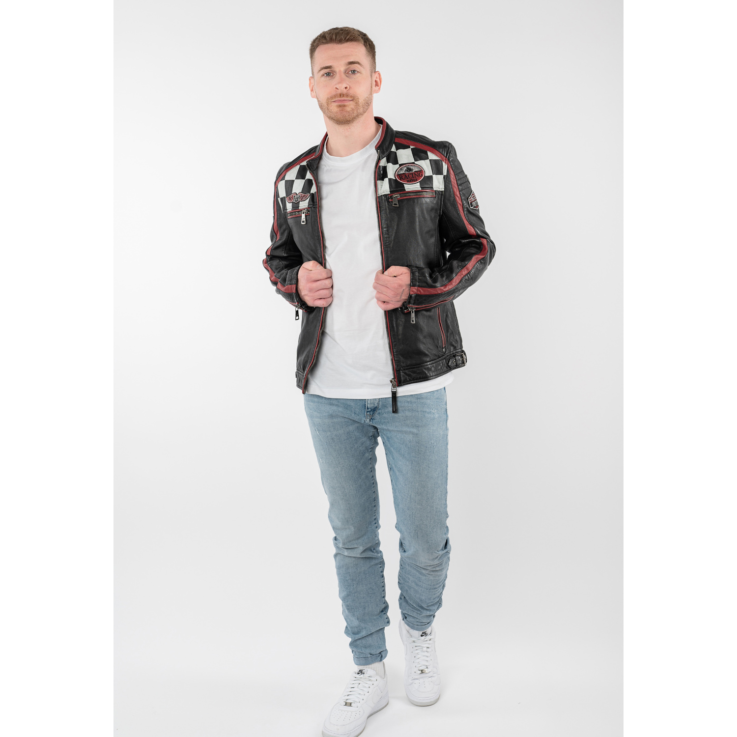 geaca de piele barbati mauritius MMFynn neagra slim fit stil racer