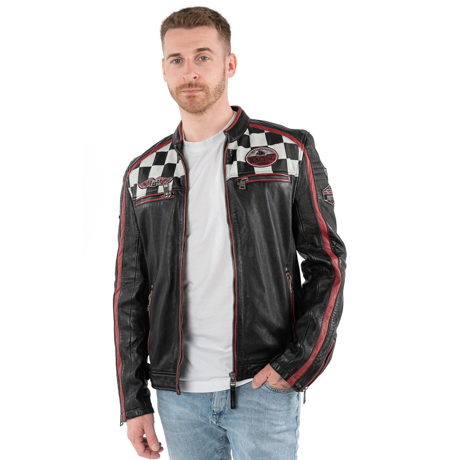 geaca de piele barbati mauritius MMFynn neagra slim fit stil racer