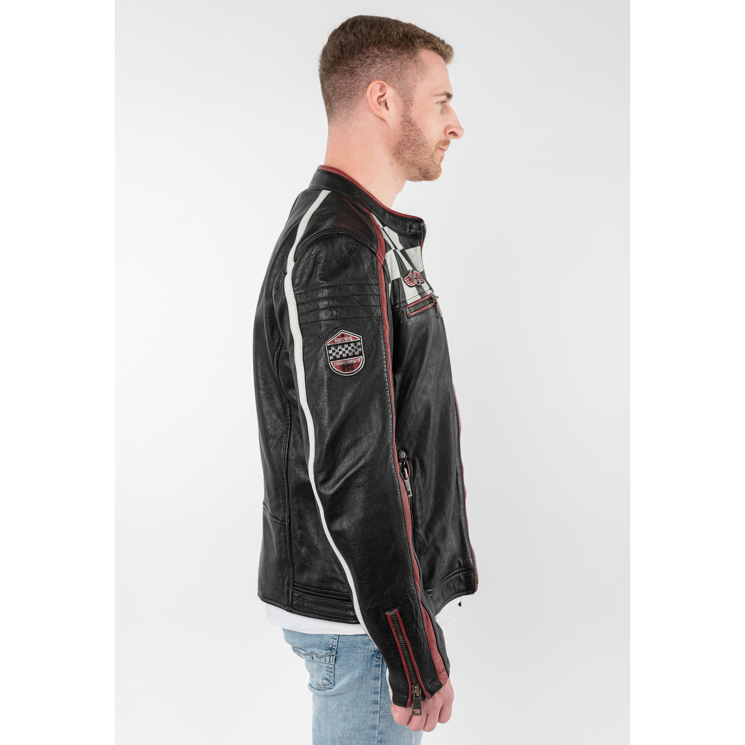 geaca de piele barbati mauritius MMFynn neagra slim fit stil racer