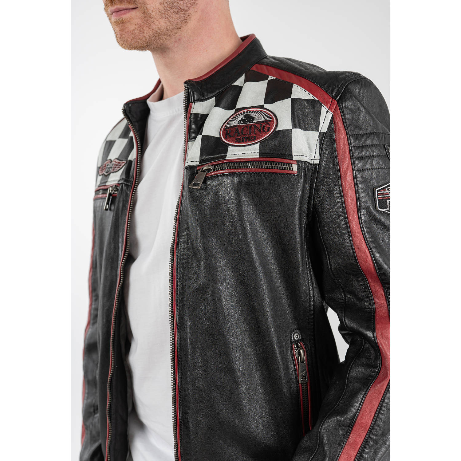 geaca de piele barbati mauritius MMFynn neagra slim fit stil racer