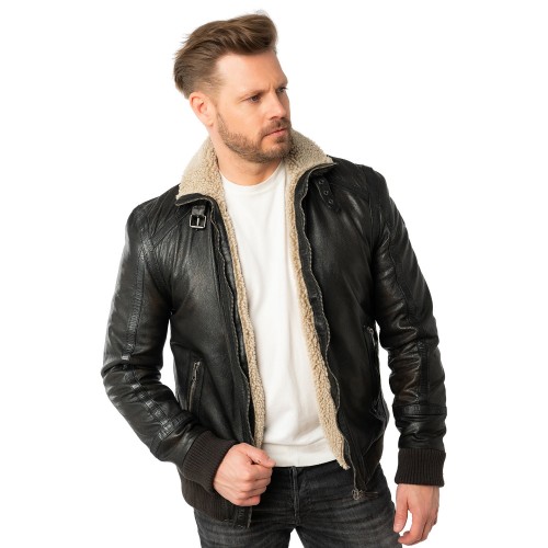 Geaca de Iarna din Piele Barbati Mauritius Negru Antic MMFyol