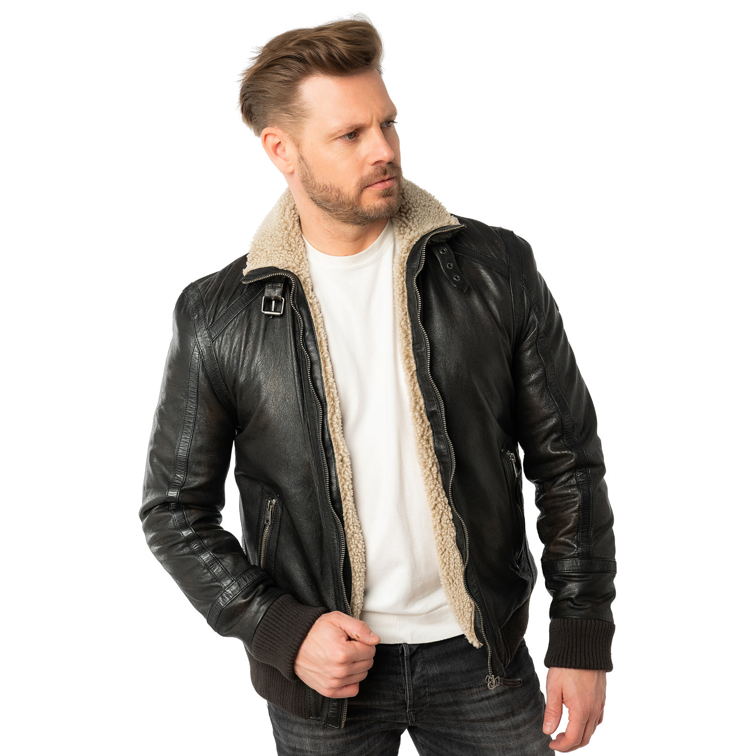 Geaca de Iarna din Piele Barbati Mauritius Negru Antic MMFyol – Geci de Piele