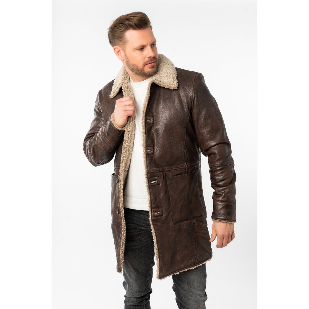 Geaca Lunga de Iarna din Piele Barbati Mauritius Maro Antic MMGrisz