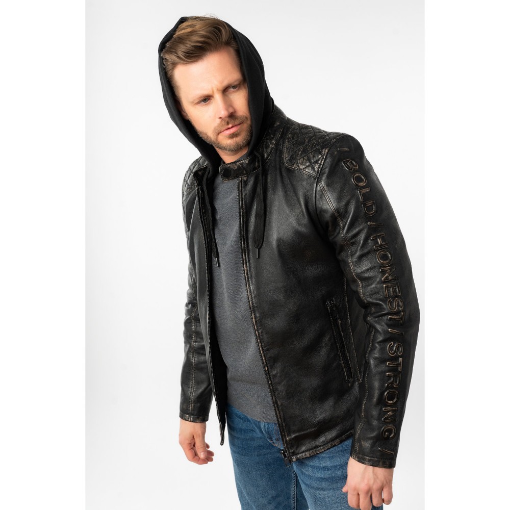 Geaca de Piele Barbati Mauritius Negru Antic MMHayato - readytowear