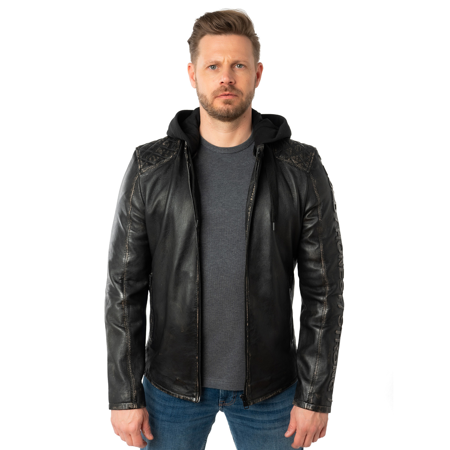 Geaca de Piele Barbati Mauritius Negru Antic MMHayato – Geci de Piele