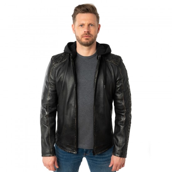 Geaca de Piele Barbati Mauritius Negru Antic MMHayato