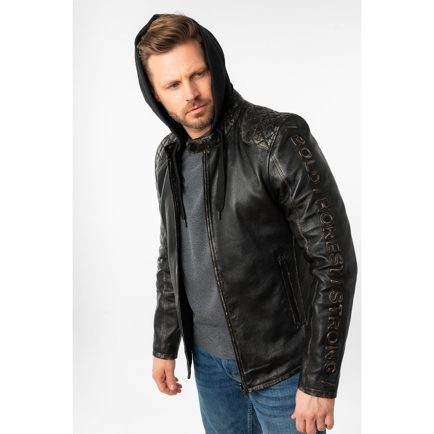 Geaca de Piele Barbati Mauritius Negru Antic MMHayato – Geci de Piele