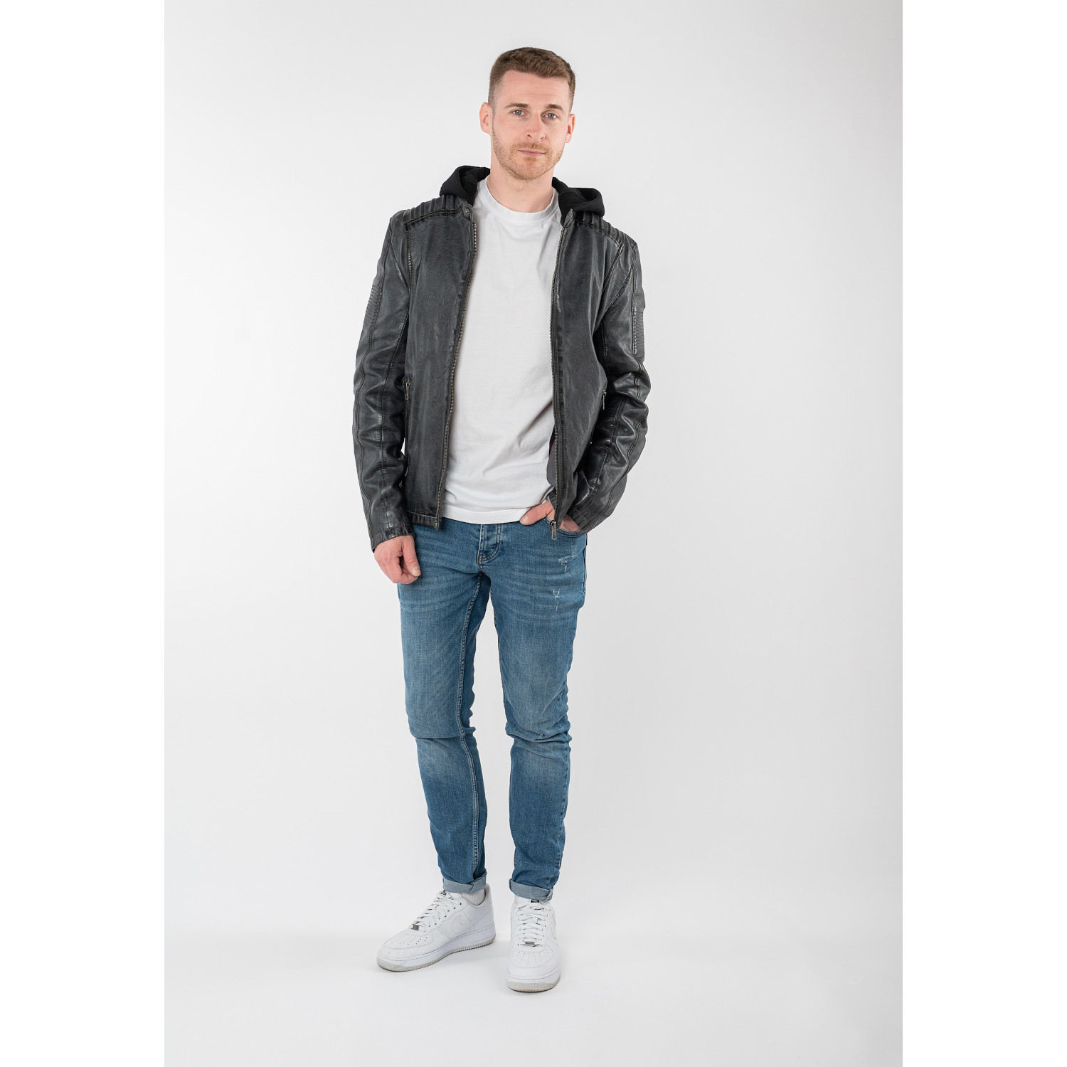 Geacă de piele bărbați Mauritius MMHiran antracit cu glugă detașabilă Geacă de piele naturală bărbați Mauritius MMHiran antracit Slim Fit cu glugă detașabilă