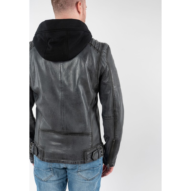 Geacă de piele bărbați Mauritius MMHiran antracit cu glugă detașabilă Geacă de piele naturală bărbați Mauritius MMHiran antracit Slim Fit cu glugă detașabilă